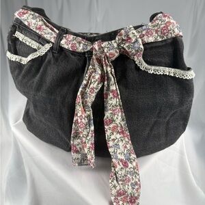 Floral Accent Black Denim Bag Handmade